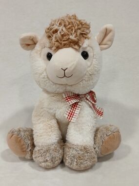 Cream Beige Sitting Llama Alpaca Plush Curly Hair Red Checkered Bow Tie 12" EUC